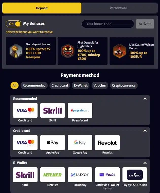 hellspin metode de plată